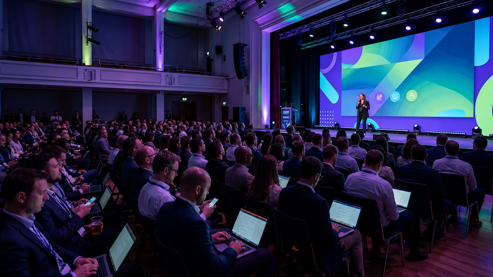 Attendees networking at a tech conference